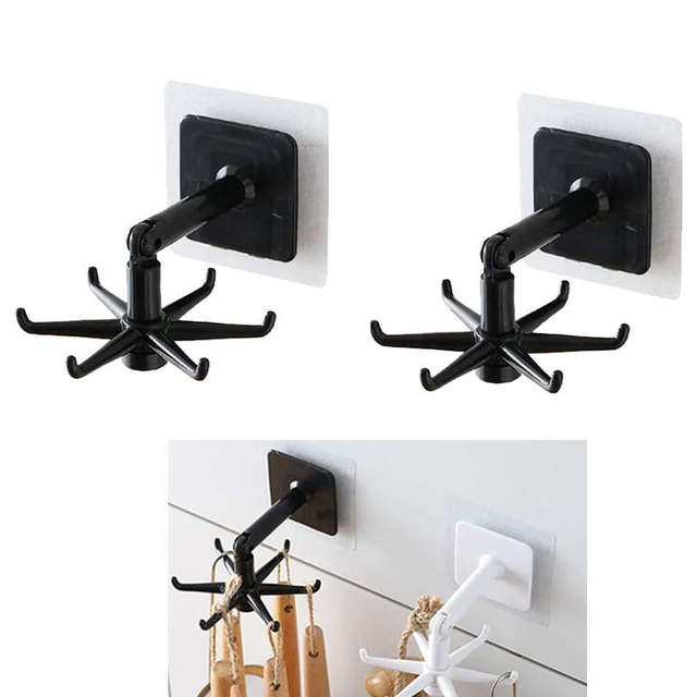 Kitchen Utensil Holder with 6 Hooks, Rotatable Adhesive Wall Hooks Space Saving No Drilling Wall Mounted for Hanging Lid