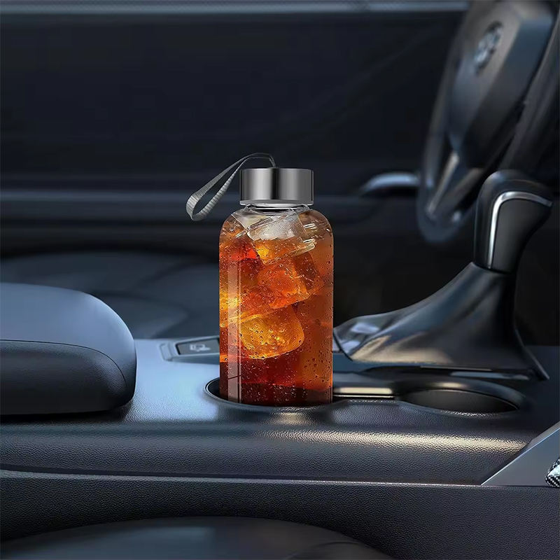 High Quality 18Oz 500Ml Leakproof Portable Narrow Mouth Transparent Glass Water Bottle With Strap Lids