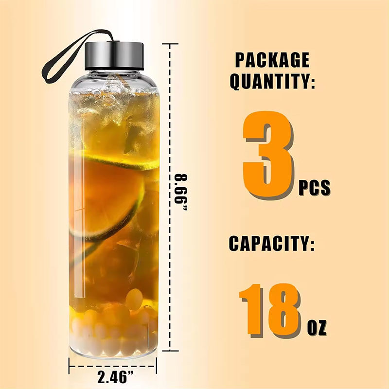 High Quality 18Oz 500Ml Leakproof Portable Narrow Mouth Transparent Glass Water Bottle With Strap Lids