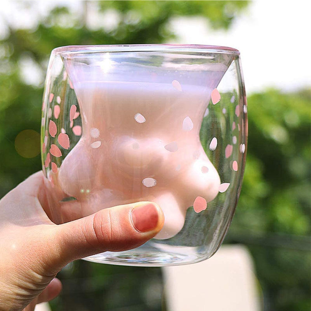Creative Kitchen Accessories Cute Double Wall Glass Cup Cat Paw Glass Mug