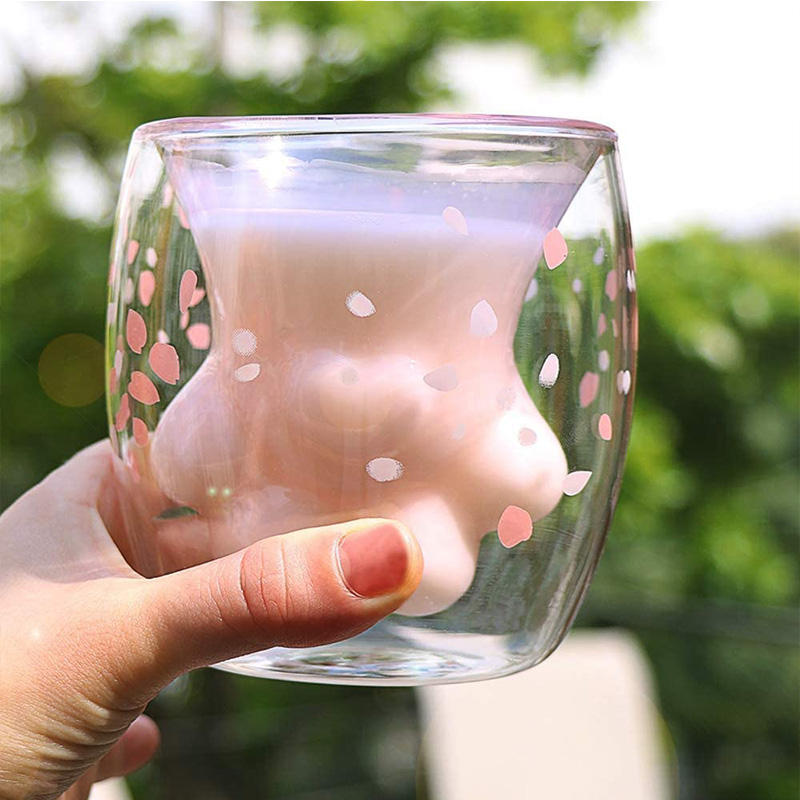 Creative Kitchen Accessories Cute Double Wall Glass Cup Cat Paw Glass Mug
