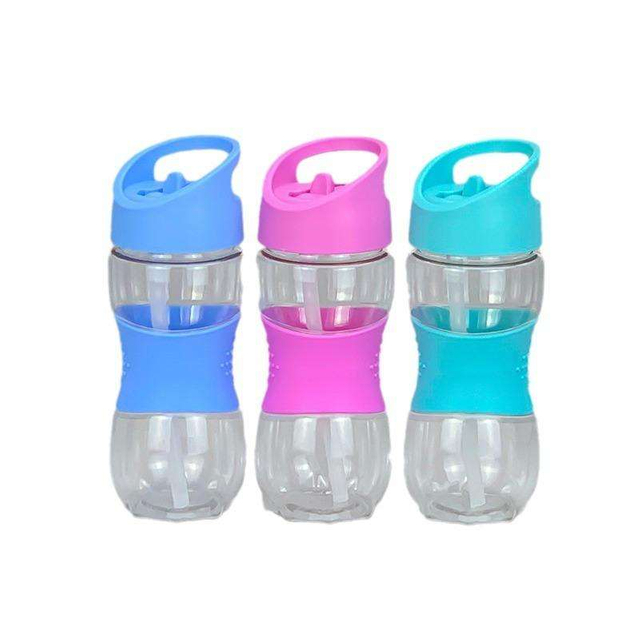 Popular Kids 400ml Wide Mouth Tritan Silicone Grip Plastic Drinking Water Bottle with Straw Lid