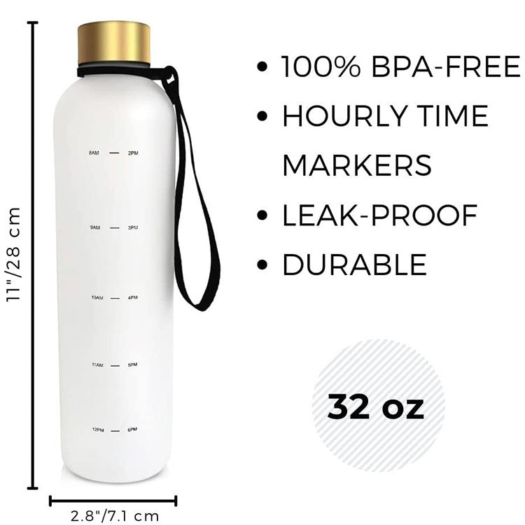 1L Plastic Bottle Tritan Time Marker Leakproof Large Big Sport Plastic Frosted White Motivational Water Bottle BPA Free