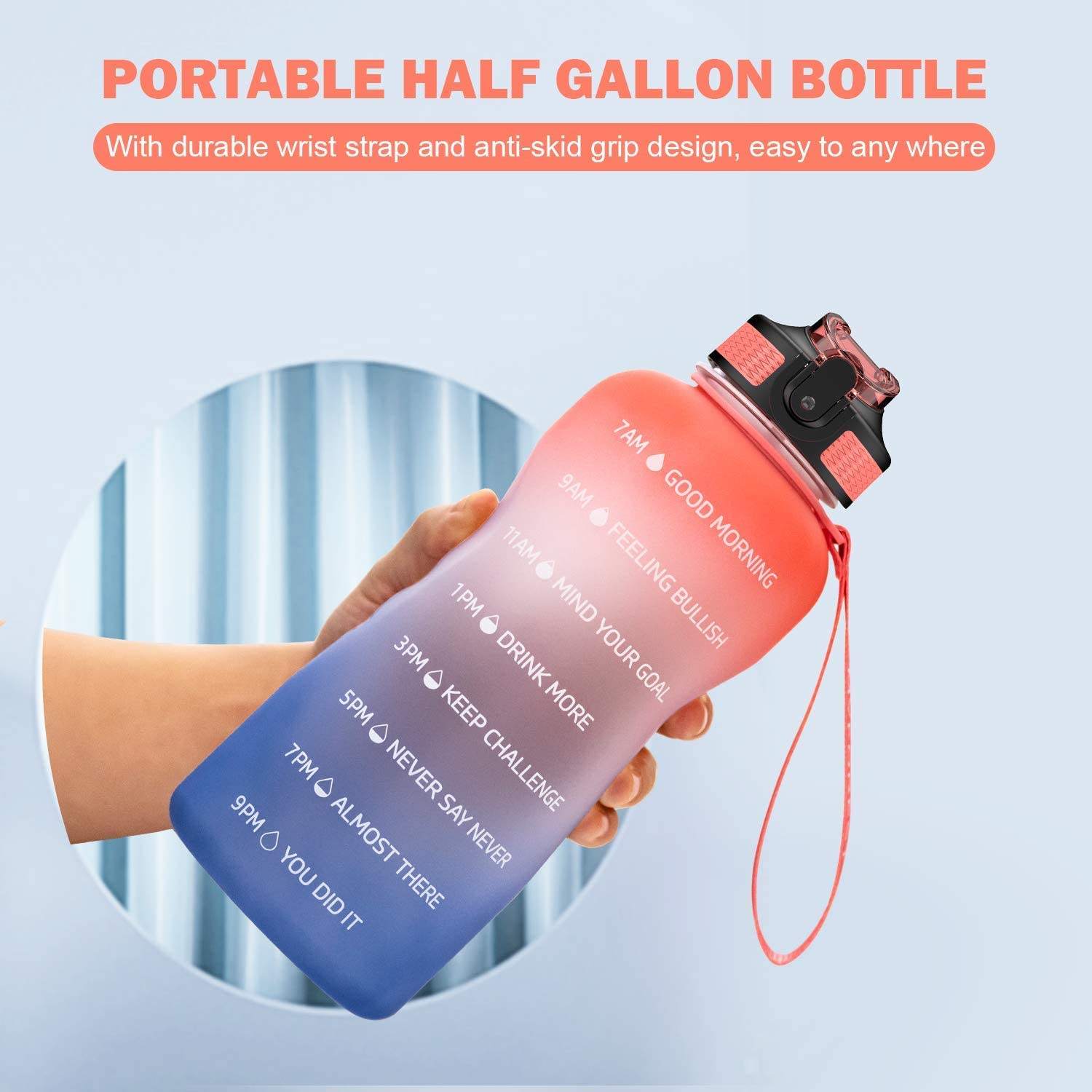 Outdoor Sports Half Gallon 64 oz BPA Free Time Marker Motivational Plastic Water Bottles