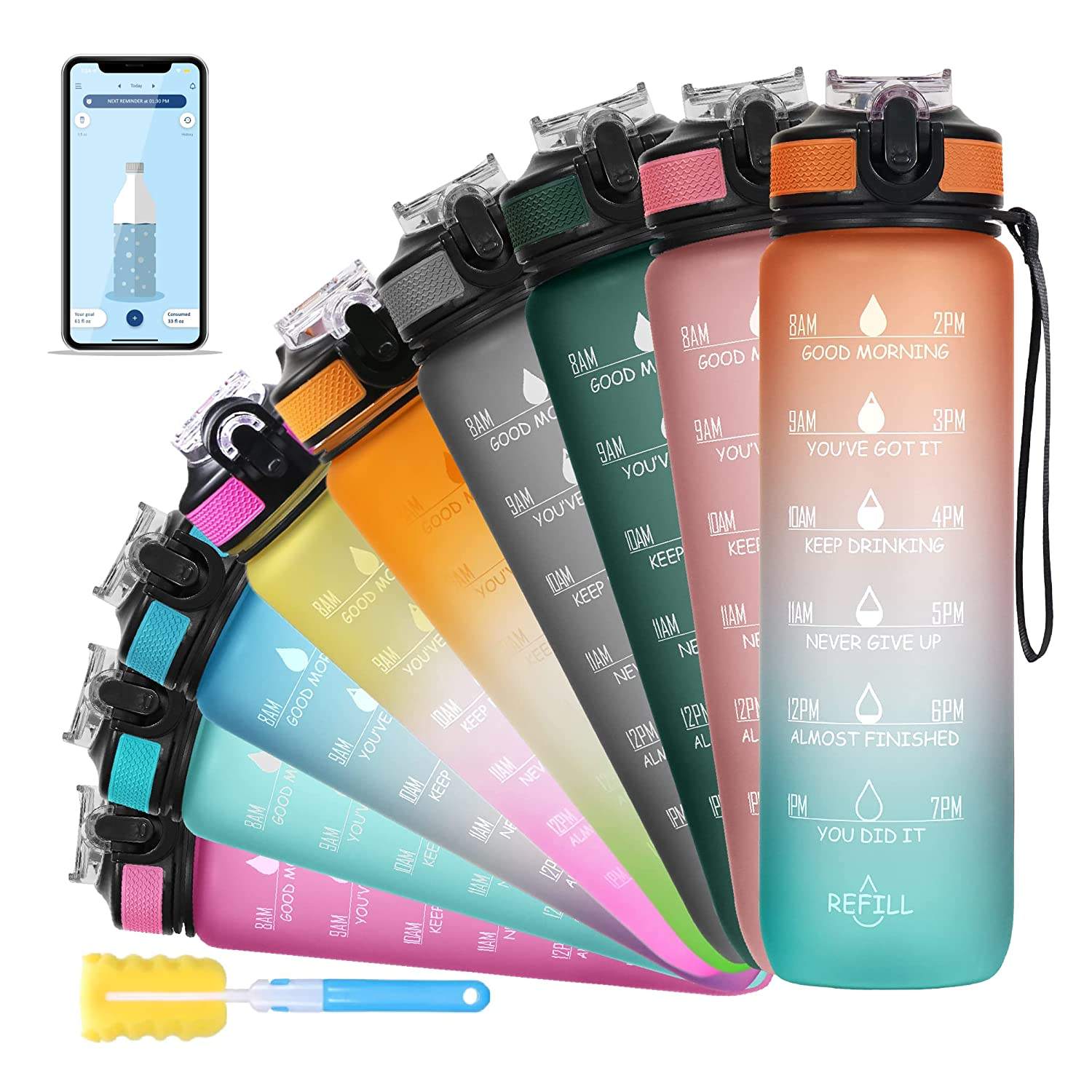 Frosted Tritan Custom Logo Plastic Bottle 1 Liter 32 Oz Motivational Water Bottle With Time Marker Reminder