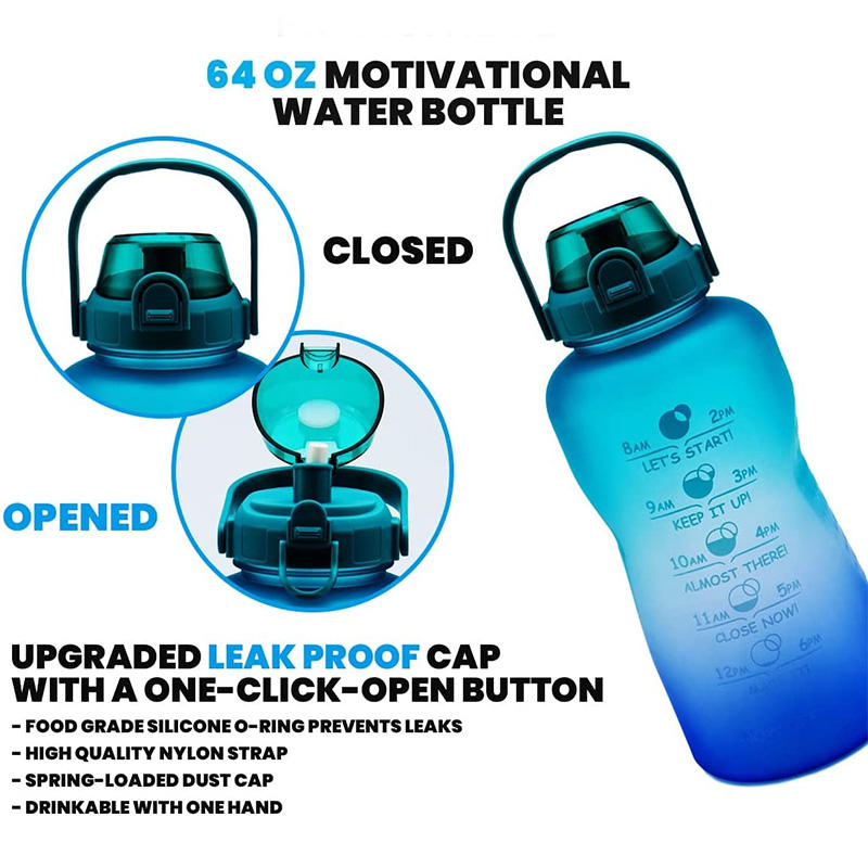 2L Wholesale Leakproof Gradient Color Fitness Sports Motivational Water Bottle with Time Marker and Straw