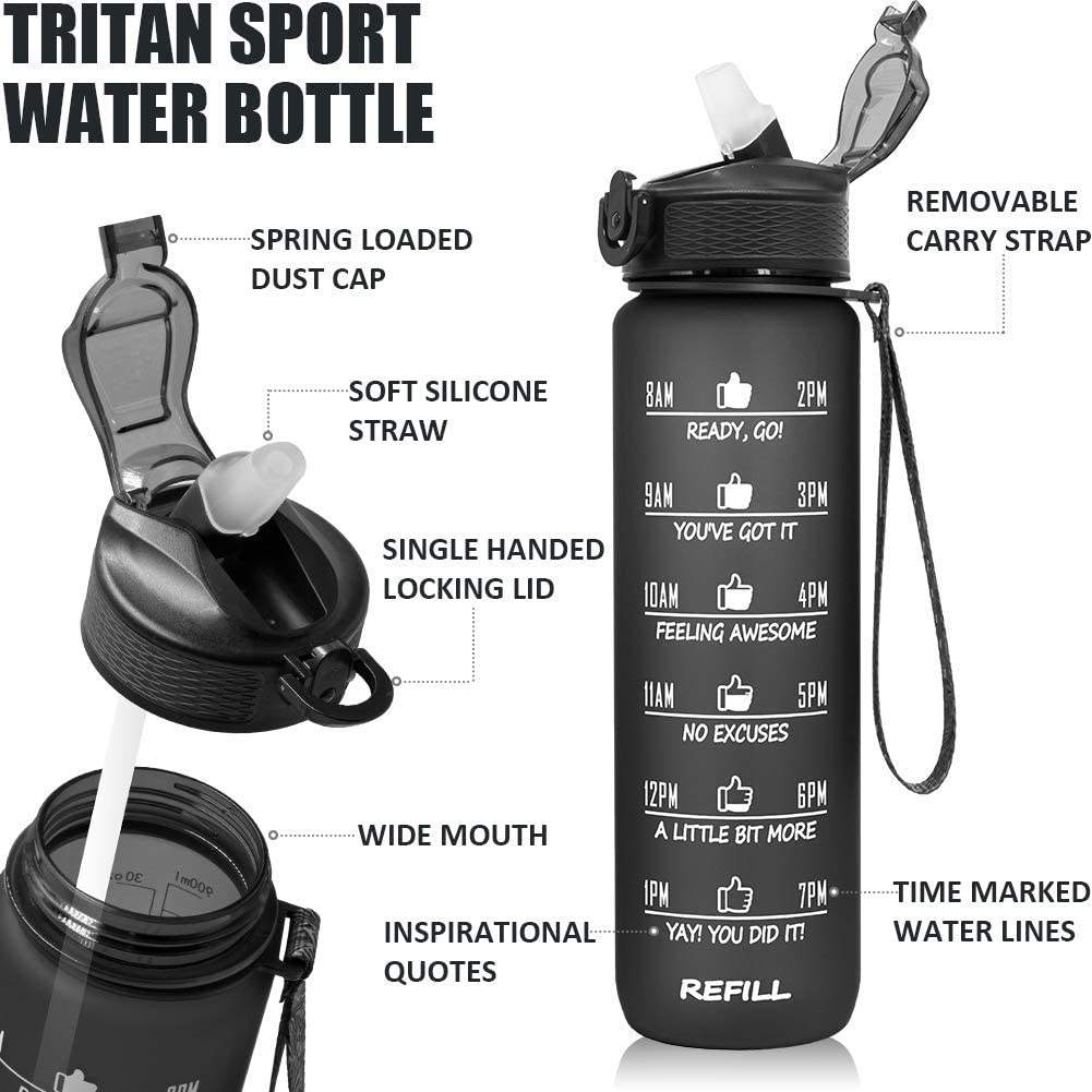 32oz Water Bottle with Time Marker Leakproof BPA Free Frosted Plastic Drinking Water Bottle with Straw