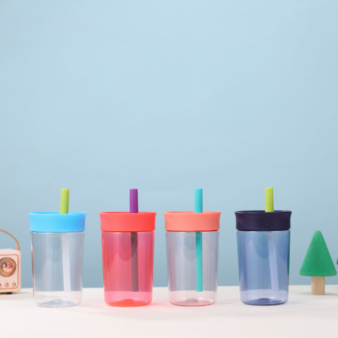 Leak Proof 15oz Children Plastic Water Bottle with Easy Clean and Bendable Silicone Mouthpiece BPA Free