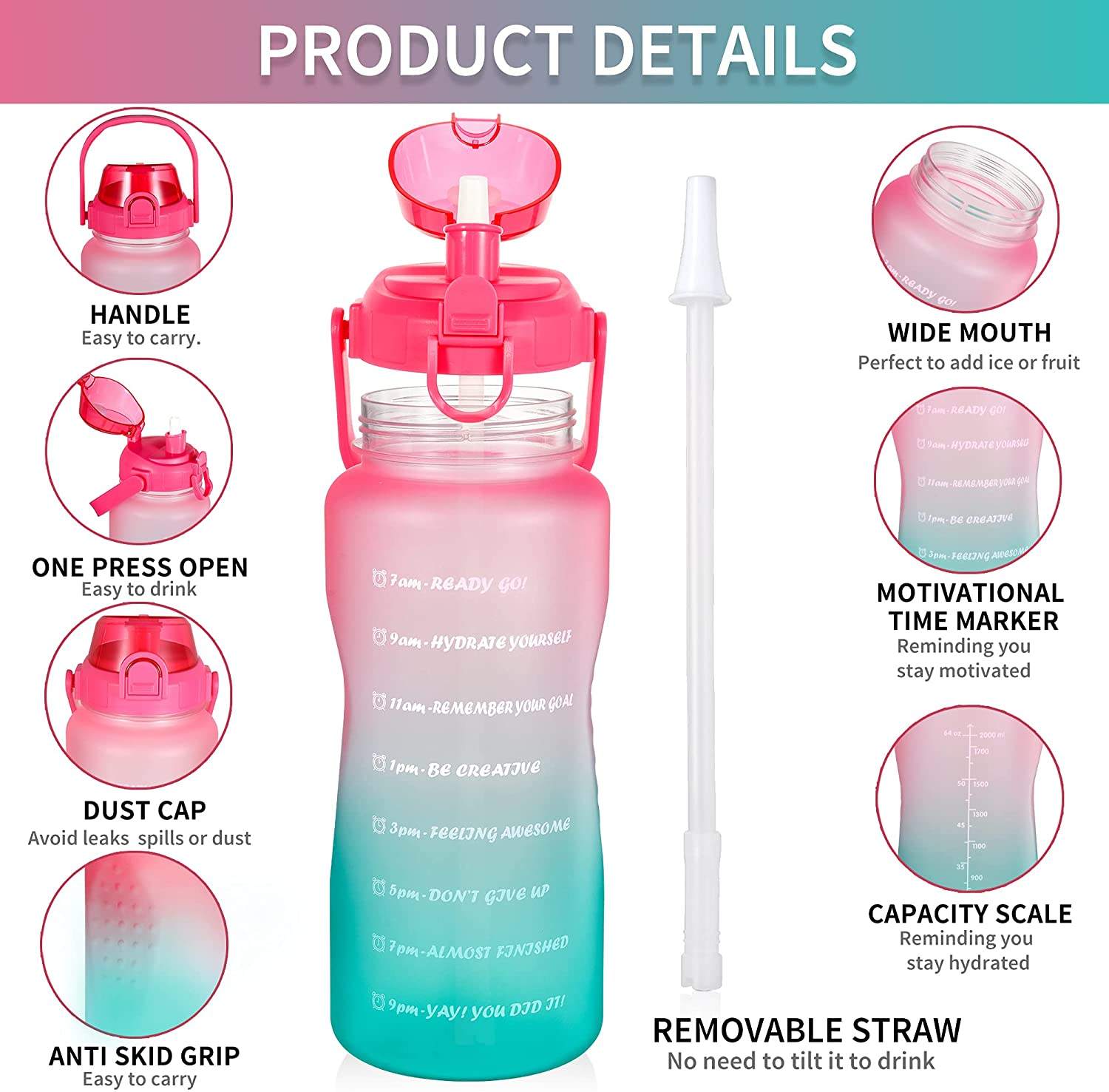 Tritan BPA Free Water Jug 128oz Motivational Plastic Gallon Water Bottle With Time Marker Straw for Fitness Gym Sports