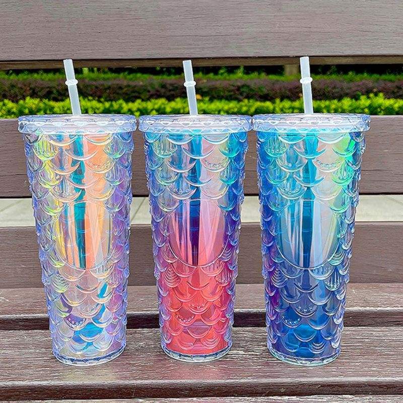 2024 New 700ML High Appearance Level Dream Fish Scale Students Back to School Plastic Water Bottle With Straw