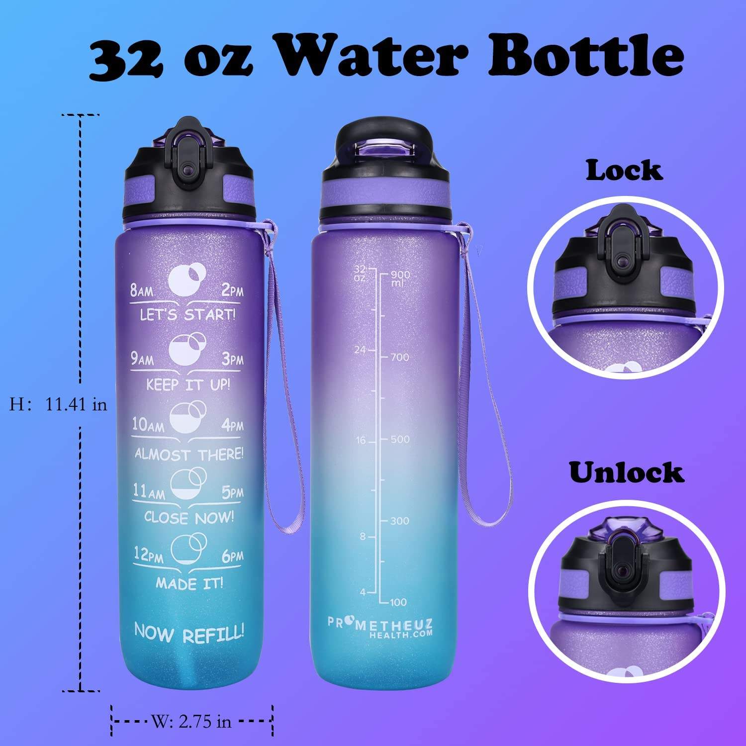 32 OZ Leak Proof BPA Free Plastic Fitness Sports Motivational Tritan Water Bottle with Times to Drink and Straw
