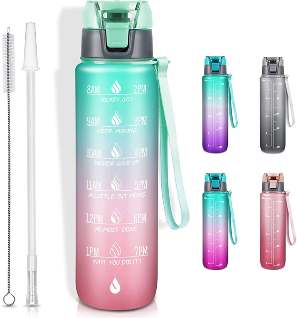 Bpa Free Hot 2025 Gradient Time Marker Sports 32 OZ Water Bottle with Straw Lid