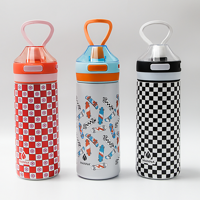 Kids Stainless Steel Water Bottle 16oz with Straw and Food Grade Silicone Suction Nozzle Custom Pattern and Color