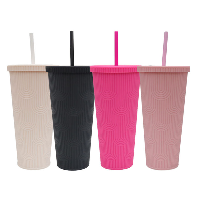 600ml Fashionable Textured Plastic Cup with Straw 21 oz Colorful Durian Straw Tumbler Double-layer Plastic Cup With Lid