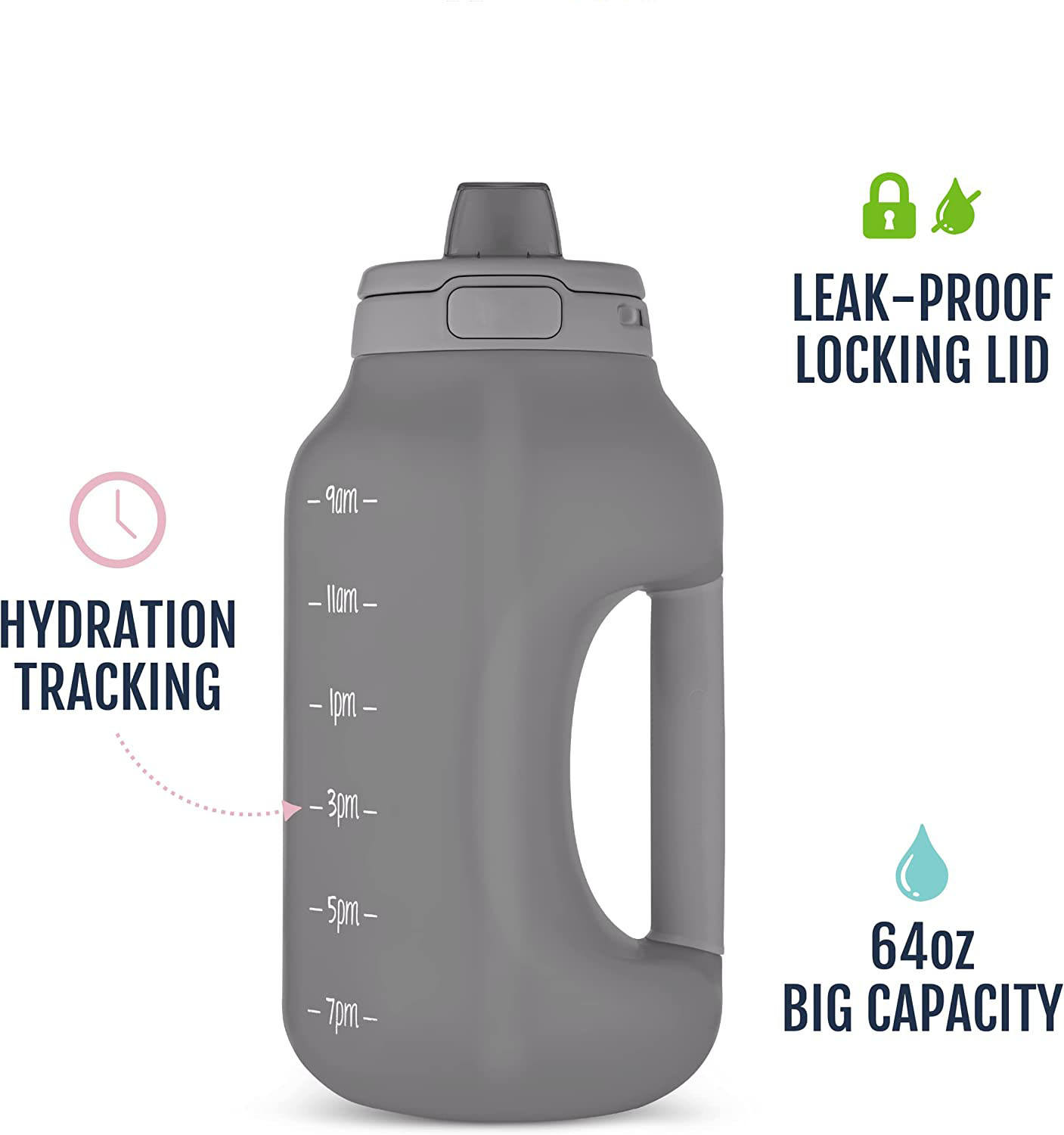 64OZ Gallon Water Bottle with Time Marker & Handle Silicone Straw with Locking Sport Water Bottle