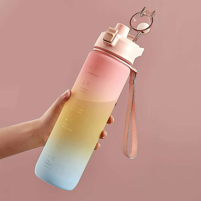 Leak Proof and Drip Proof with Handle Rope 32oz Plastic Water Bottle Custom Time Scale Line