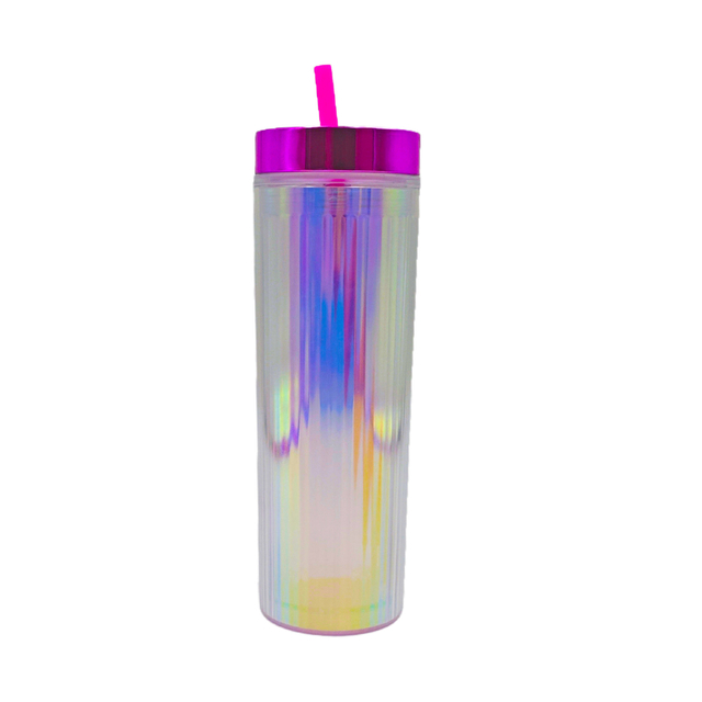 Wholesale Double Layered Cup Wall Plastic Water Cups in the Style of Colorful Glitter Flakes with a Straw Made of AS Material