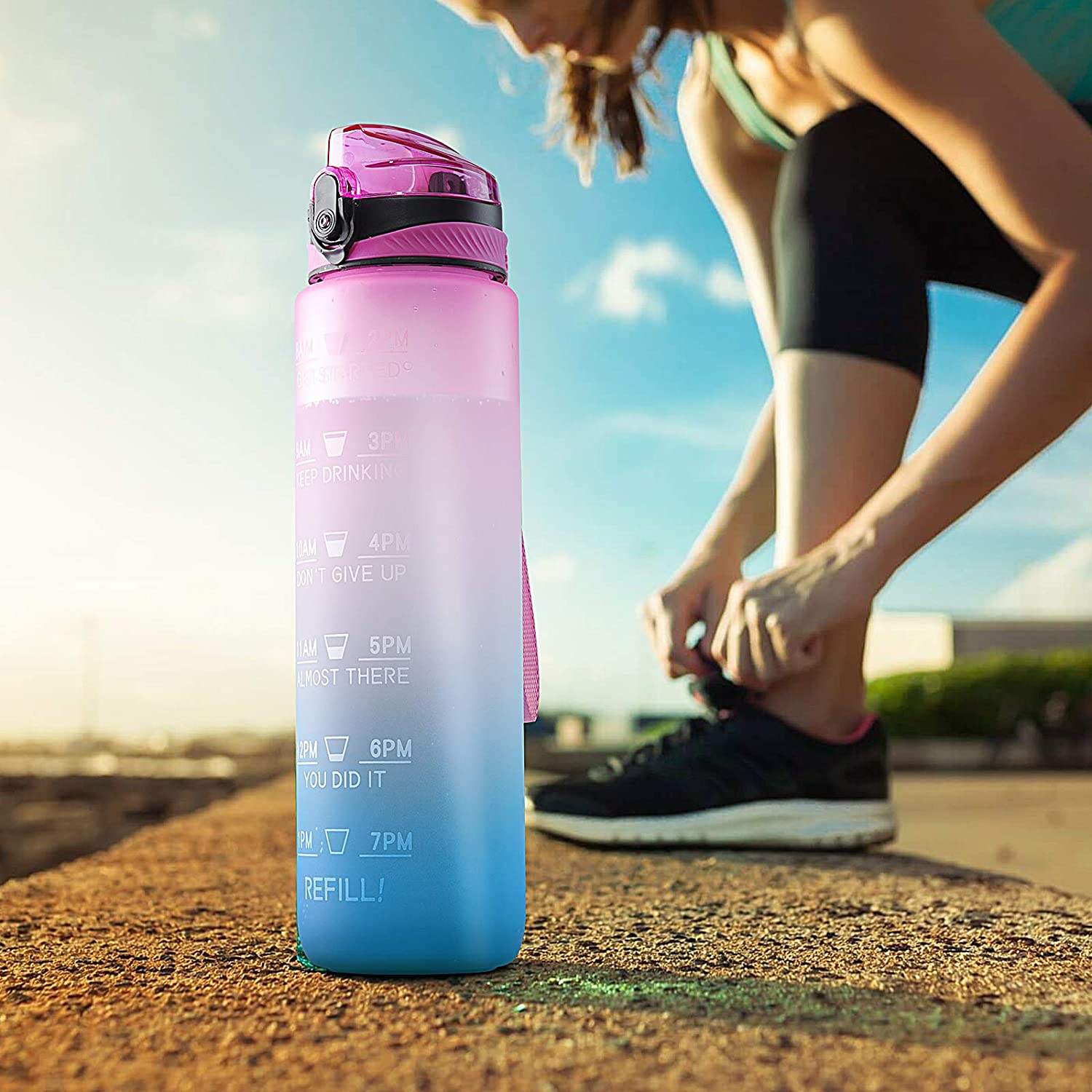 Custom Logo Plastic Portable BPA Free Reminder Tracker 32 oz 32oz Drinking Sport Motivational Water Bottle With Time Marker