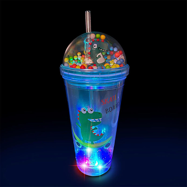 Little Dinosaur Design Custom Logo Plastic Tumbler PS Plastic Reusable Cups Glitter Tumbler With Lids and Straw