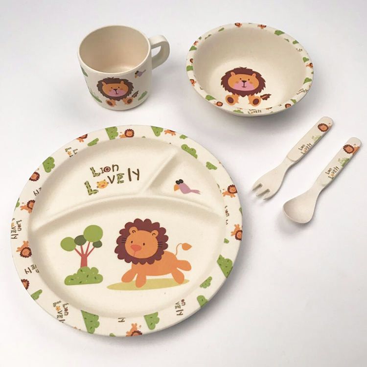 Eco-friendly Biodegradable 5pcs Bamboo Fiber Kids Dinner Set Tableware Baby Dinnerware Sets