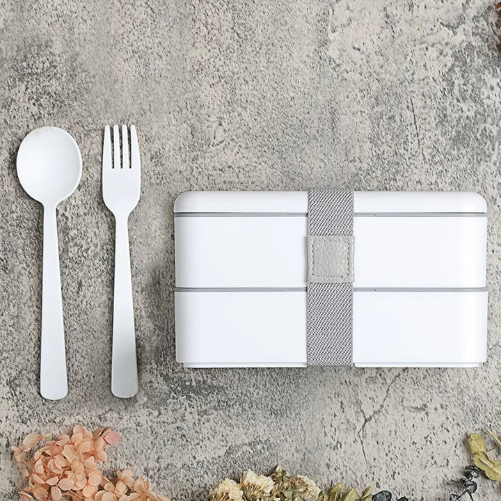 Double Layer Oblong Shape Food Grade Hot Sales RPET Plastic Bento Box with Bandage Eco Friendly Bento Box for Office Worker