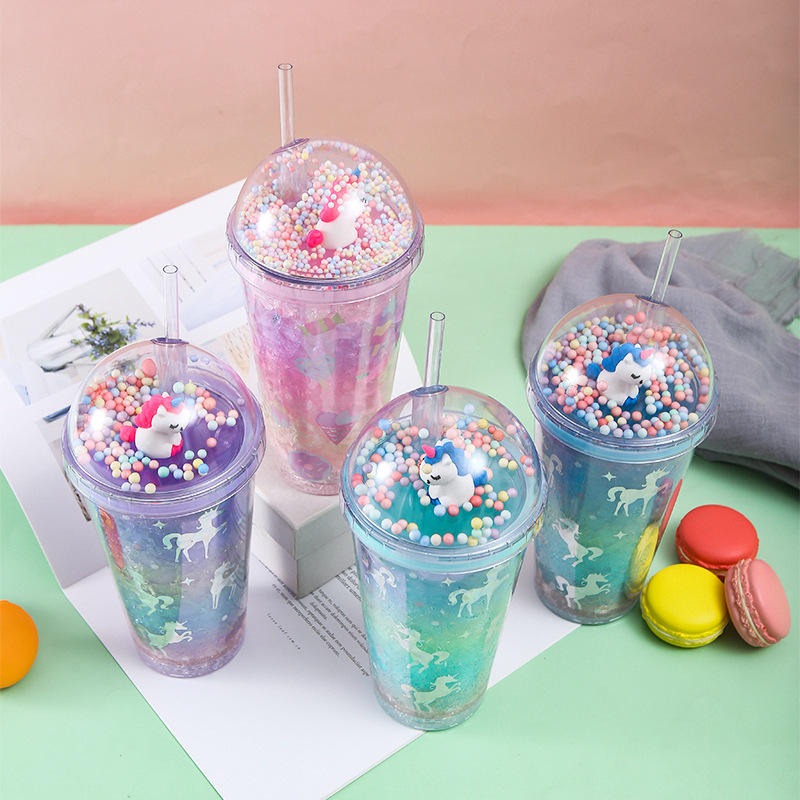 Hot Sell Plastic Straw Cup Creative Flash Powder Summer Ice Cup Student Lovers Christmas Gifts With Straw