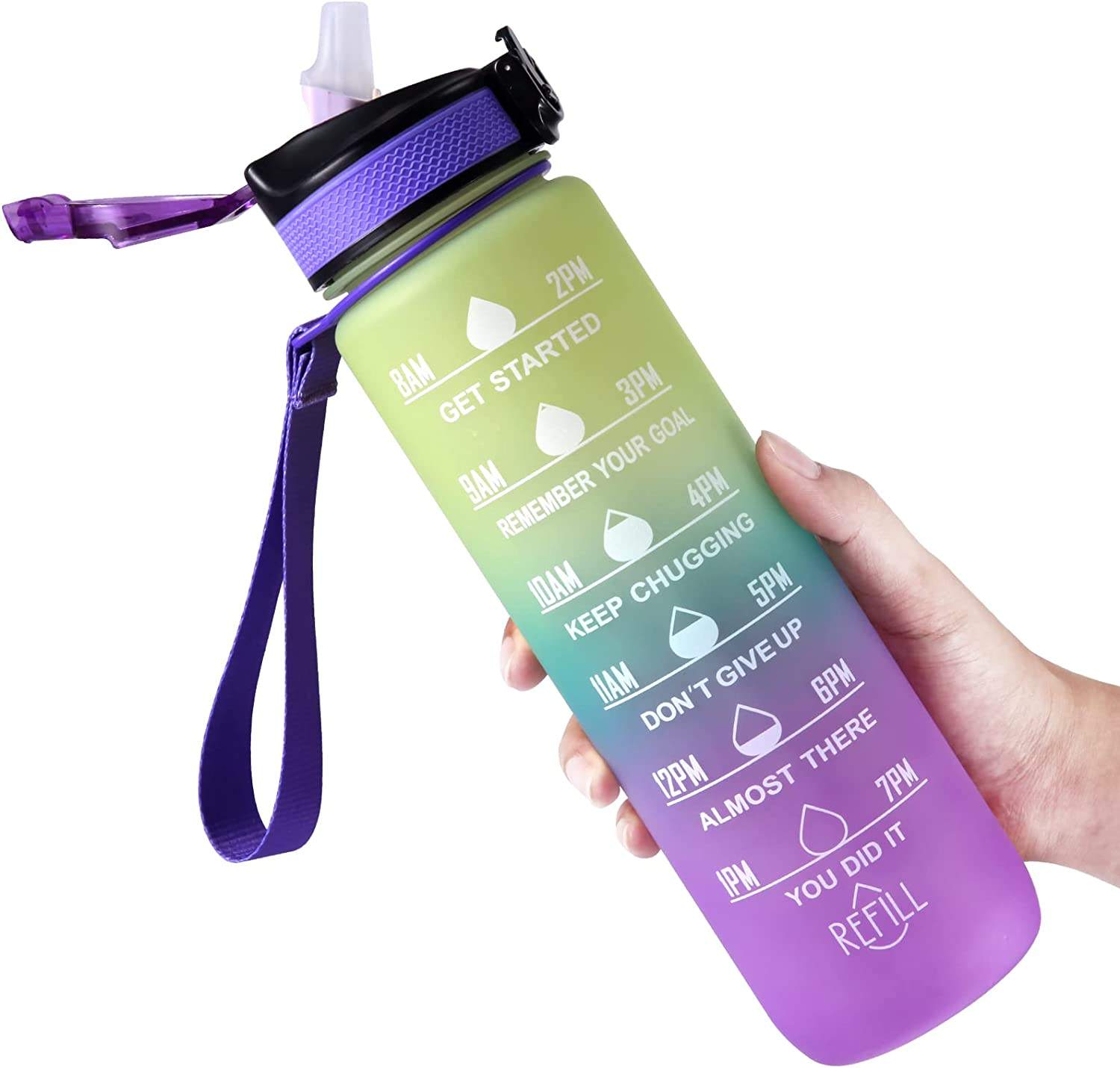 32 oz Motivational Reusable BPA Free Frosted Plastic Water Bottle With Time Marker