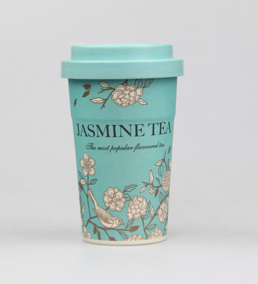 Eco-friendly BPA Free RPET 400ml Custom Pattern Reusable Coffee Cup with Lid Bamboo Fiber Mug with Silicone Sleeve