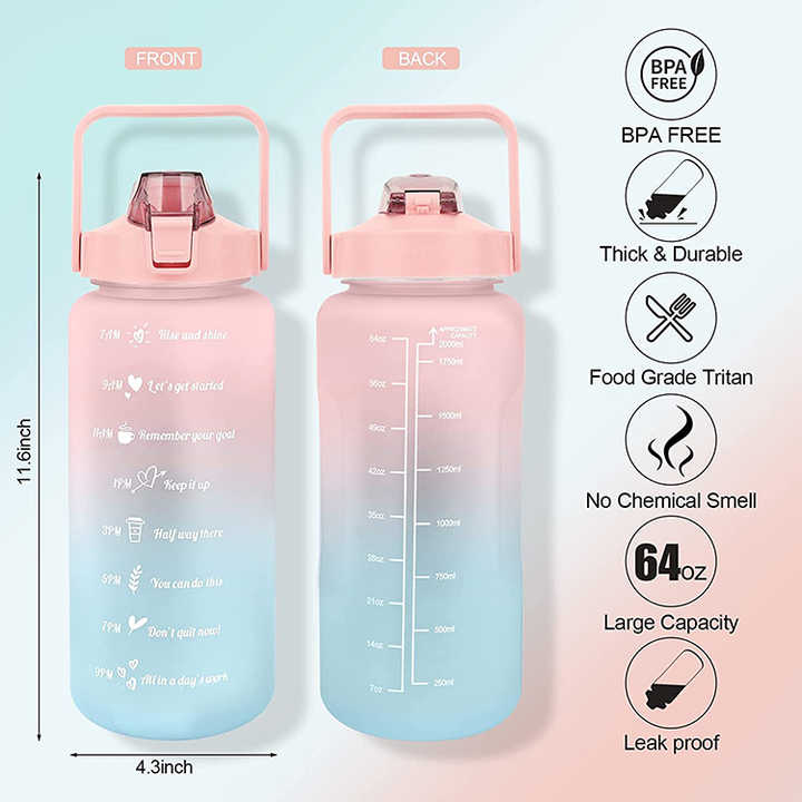 Botellas Para Gym Garrafa De Agua 2 Litros Nice Sport Plastic 2L Motivational Black Wide Mouth Water Bottle