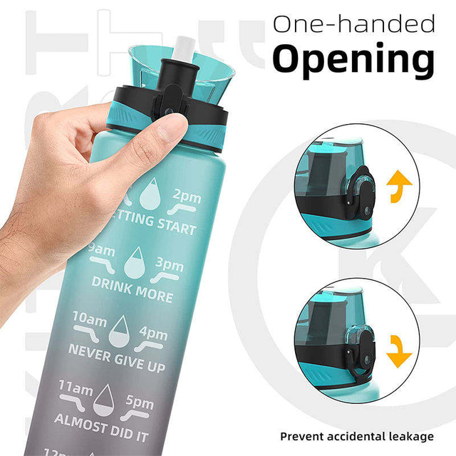 1000Mls Wide Mouth Bottles Motivational Plastic Gym Sports Water Bottle With Straw Time Marker