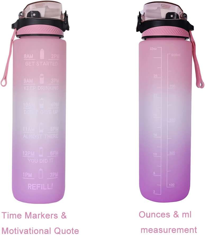 Gradient Leak Proof &Large 1 Liter 32 Oz BPA Free Water Bottle with Time Marker Fruit Infuser Strainer