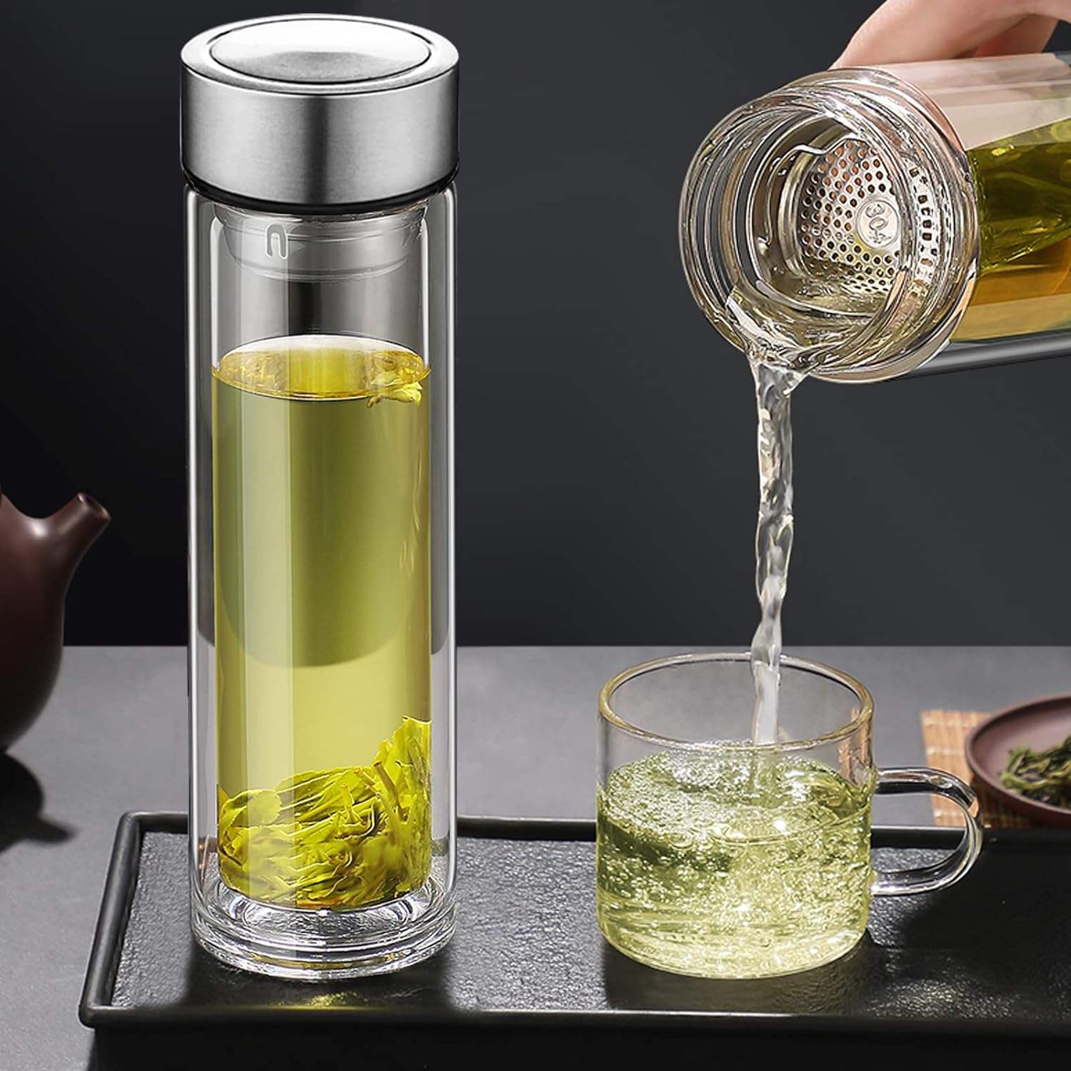 Glass Tea Infuser Bottle Double Wall Borosilicate Portable Tea Bags 12OZ/350ml
