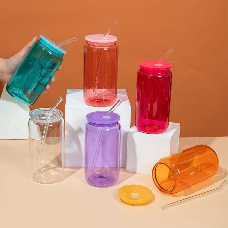 500 Ml 16Oz Wholesale Kids Clear Colorful Transparent Reusable Glass Water Drink Bottles With Straw Lid