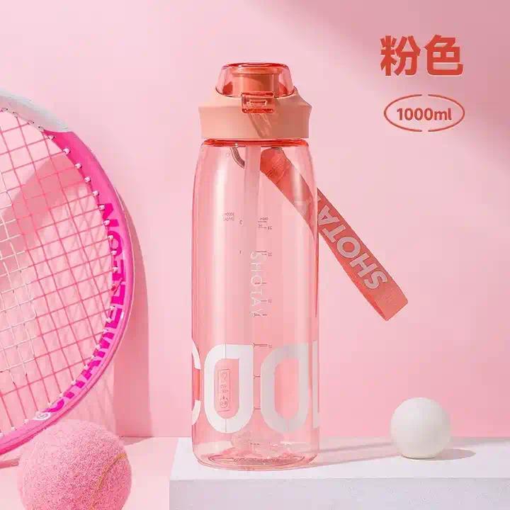 1L 1000Ml Customizable Reusable Leak-Proof Portable Outdoor Plastic Gym Sports Water Bottle With Straw Handle Rope
