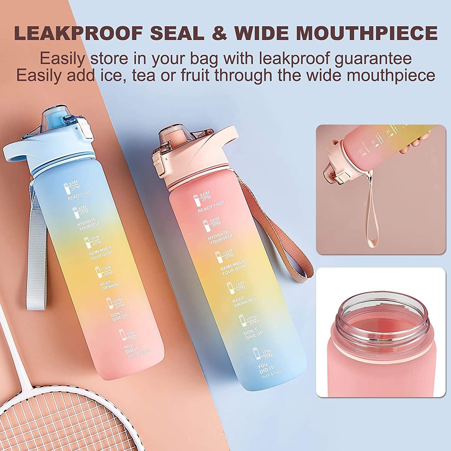 Sport Daily Water Bottles with Times to Drink Pop-up Straw Tritan Water Bottle with Motivational Time Marker for Fitness