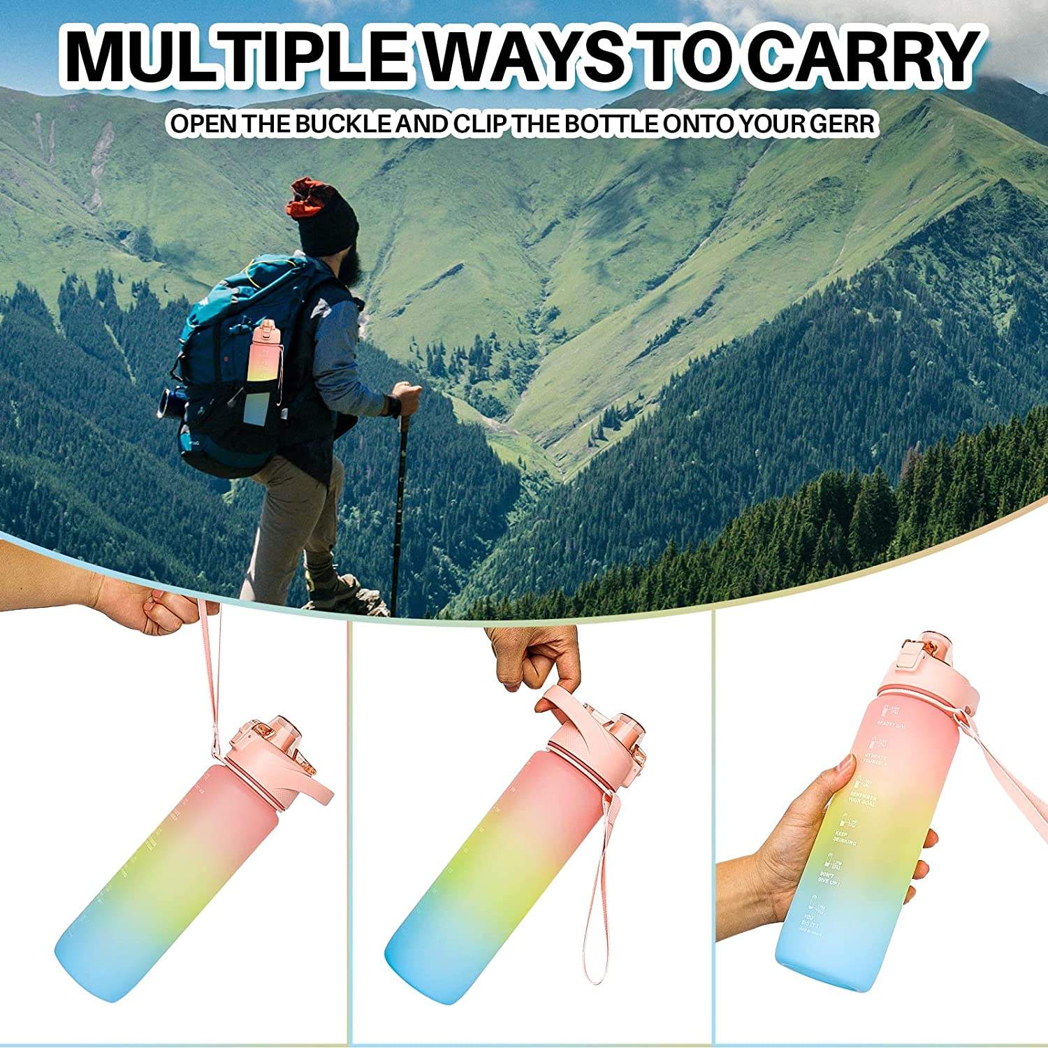 1L /32 oz Leakproof Tritran BPA Free GradienPlastic Water Bottle with Motivational Time Marker Water Bottle With Custom Logo