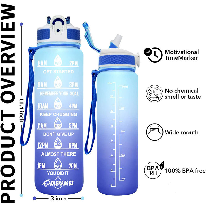 1L Popular Stcoked Customized Logo Motivational Sports Water Bottle Portable Plastic Water Bottle With Strap