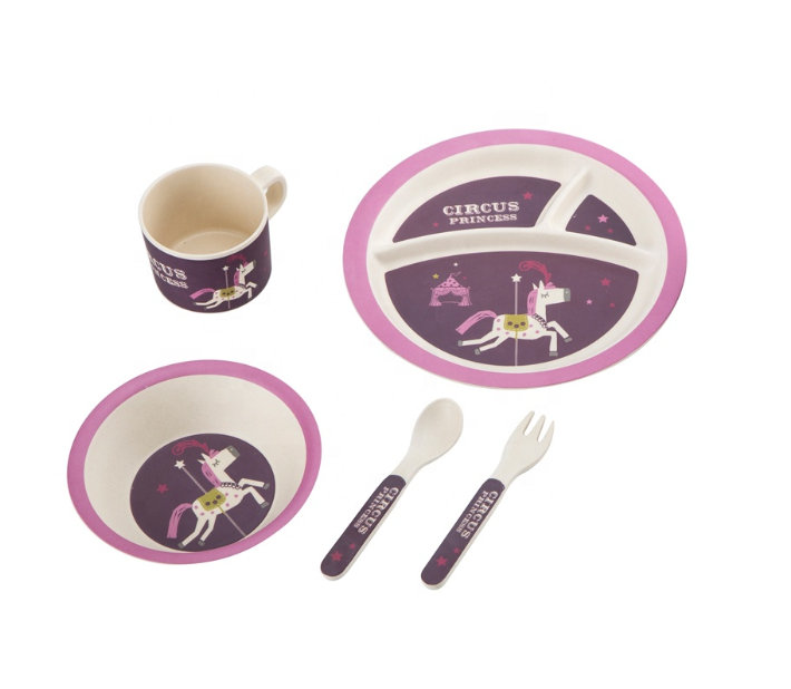 Customized Design Toddler Baby Kid Feeding Cartoon Bamboo Fiber Dinnerware Sets Dishwasher Safe Plate Bowl Cup Spoon Fork Set