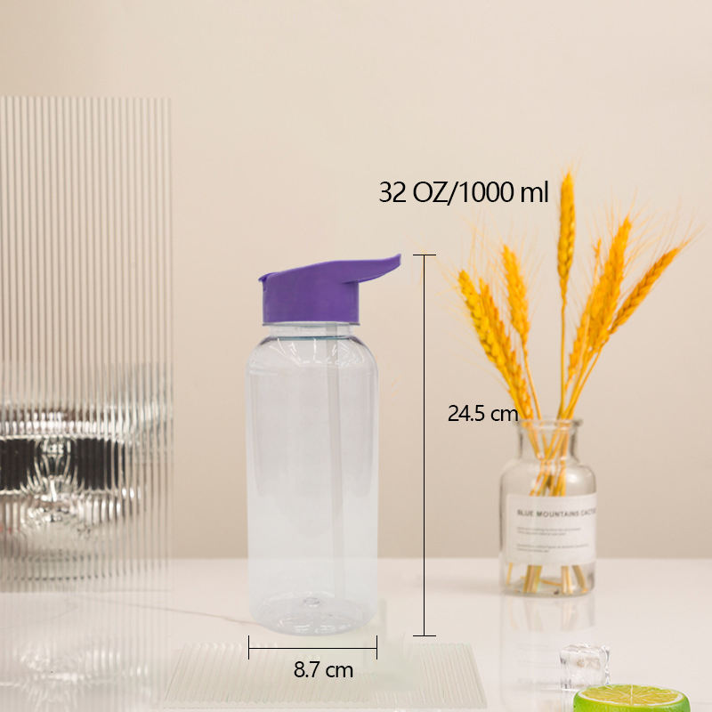Bulk 1000Ml 1 Liter 32 Oz Clear Transparent Plastic Water Bottle Outdoor With Handle Straw