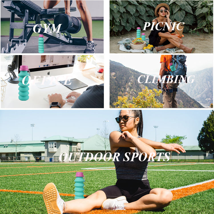 Reusable Silicone Collapsible Portable Leak Proof Sports Drinking Cup Foldable Travel Outdoor Water Bottle with Lid