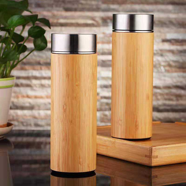 Eco-Friendly Bamboo Wood Travel Coffee Cups Stainless Steel Tea Tumbler Bamboo Water Bottle Travel Coffee Mug With Infuser