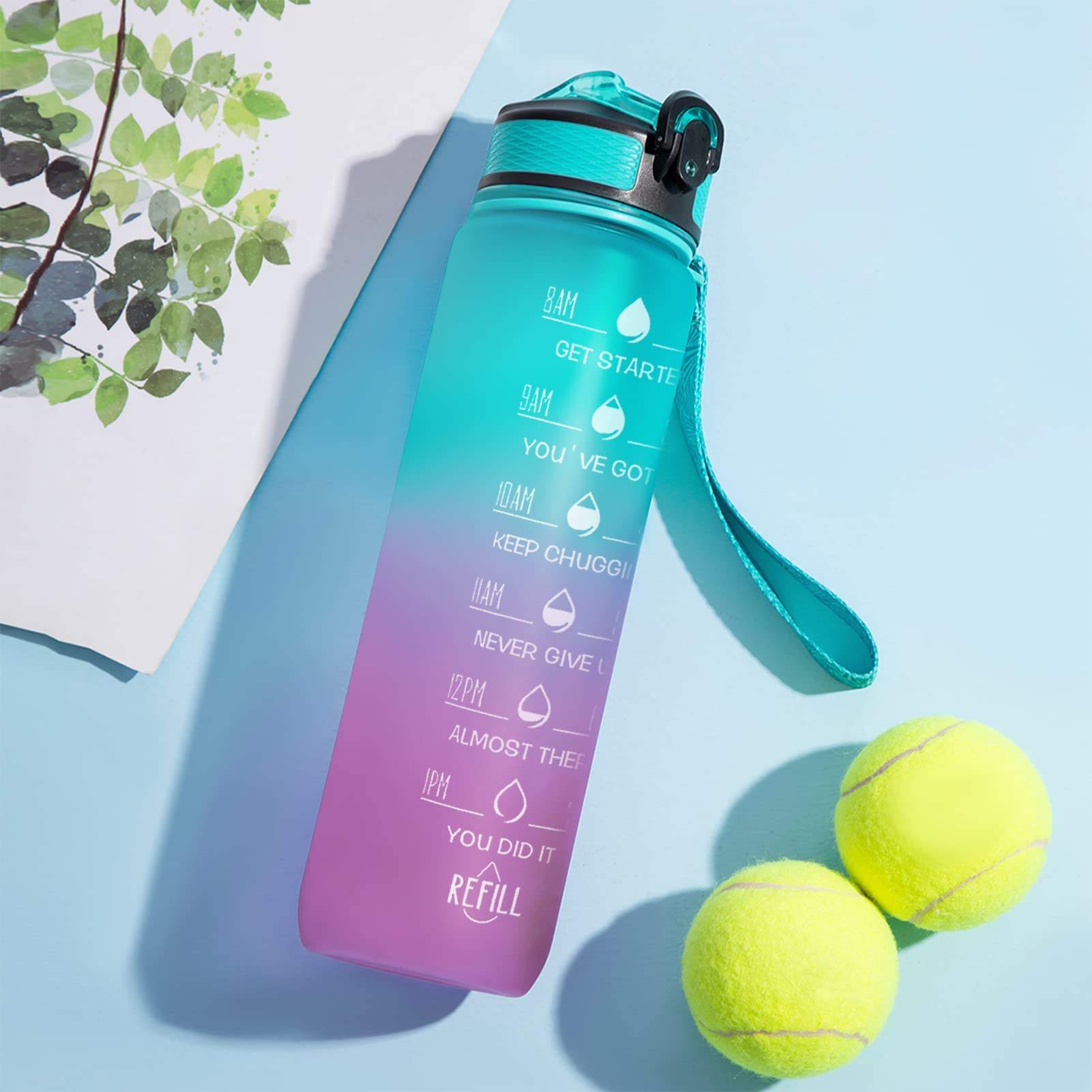 BPA Free Tritan Plastic 32oz Motivational Fitness Sports Water Bottle With Time Marker Leakproof Flip Top