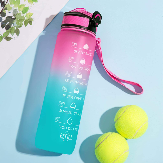 BPA Free Tritan Plastic 32oz Motivational Fitness Sports Water Bottle With Time Marker Leakproof Flip Top
