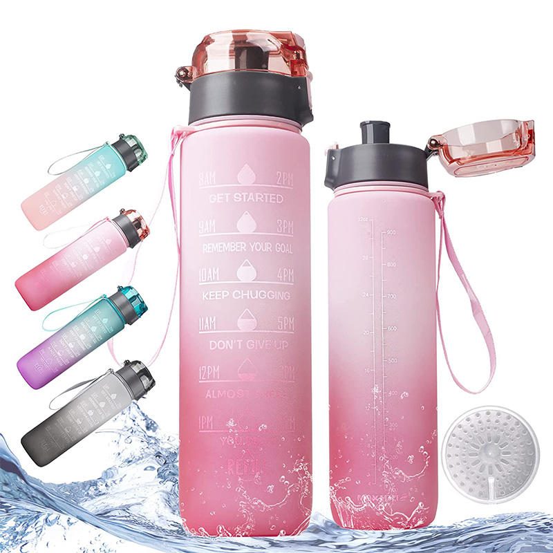 Custom Plastic Straw Strainer Filter Gym Sports 1L 32 oz BPA Free Tritan Motivational Water Bottle Sport With Time Marker