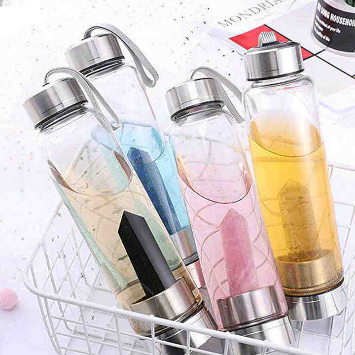 750Ml Infused Crystals Healing Stones Unique Eco Friendly Transparent Glass Water Drink Bottle
