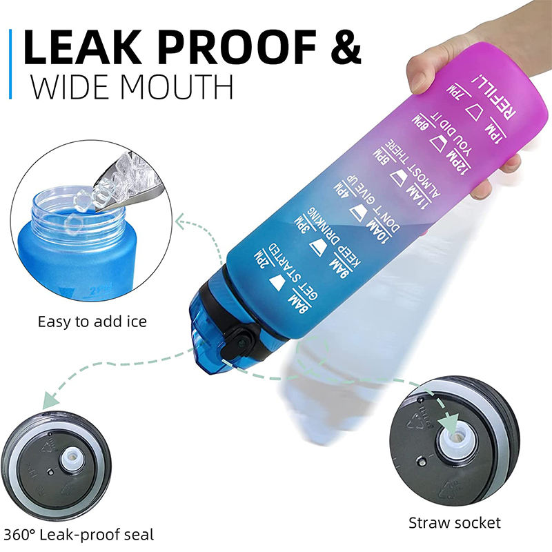 Custom 1L Sport Water Bottle with Time Marker and Straw Lid Outdoor Gym Plastic Tritan Motivational Water Bottle