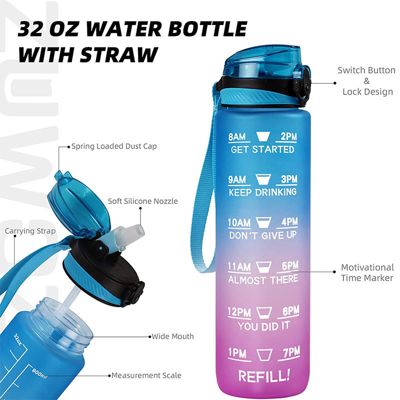 Custom 1L Sport Water Bottle with Time Marker and Straw Lid Outdoor Gym Plastic Tritan Motivational Water Bottle