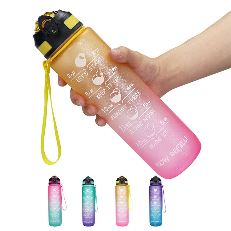 Gradient Drinking 1000ml 1L Plastic Creative Frosted Straw Cover Space Water Sports Bottle Outdoor Travel Mug with Silicone Hand