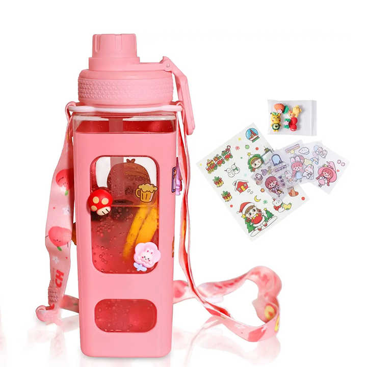 Custom Logo 700ML Outdoor Sport Plastic Square Water Bottle With Straw with Cute Sticker