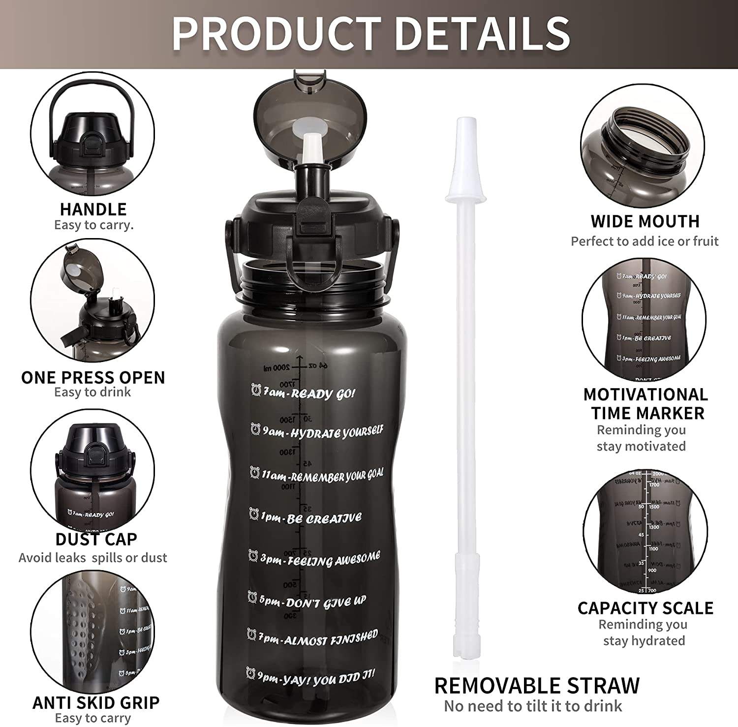 64 Oz Water Bottle Large Half-gallon Water Bottle with Straw with Time Mark Handle Leak-proof Flip Cover